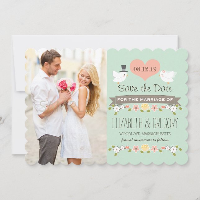 Mint Green Love Birds Wedding Save the Date Card (Front)