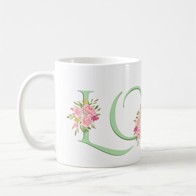Mint green LOVE, blush pink roses Valentines Day Coffee Mug (Left)