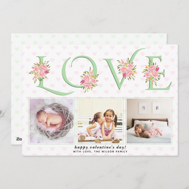 Mint green LOVE typography photo Valentines Day Holiday Card (Front/Back)