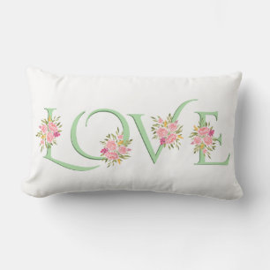 Mint green Love typography roses Valentines Day Lumbar Cushion