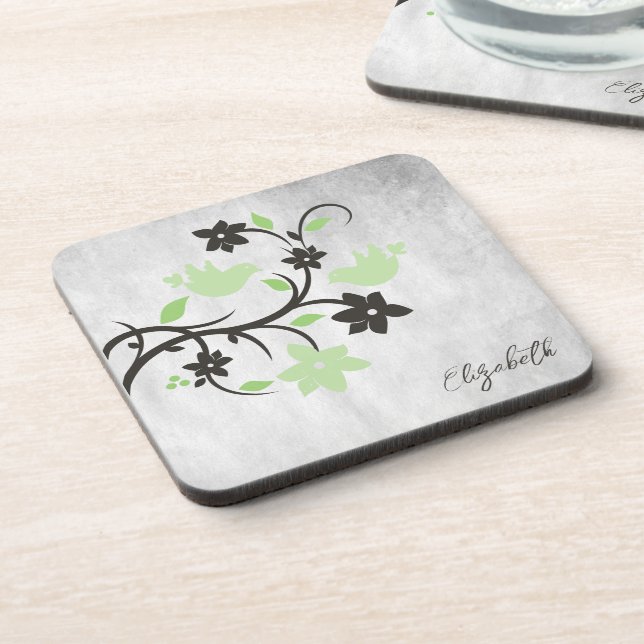 Mint Green Lovebirds Beverage Coaster (Left Side)