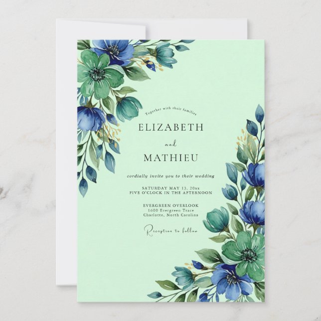 Mint Green Lush Watercolor Wedding Invitation (Front)