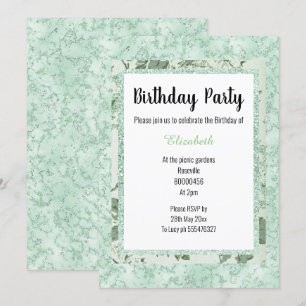 Mint Green Marble Floral Glitter Birthday Invitation