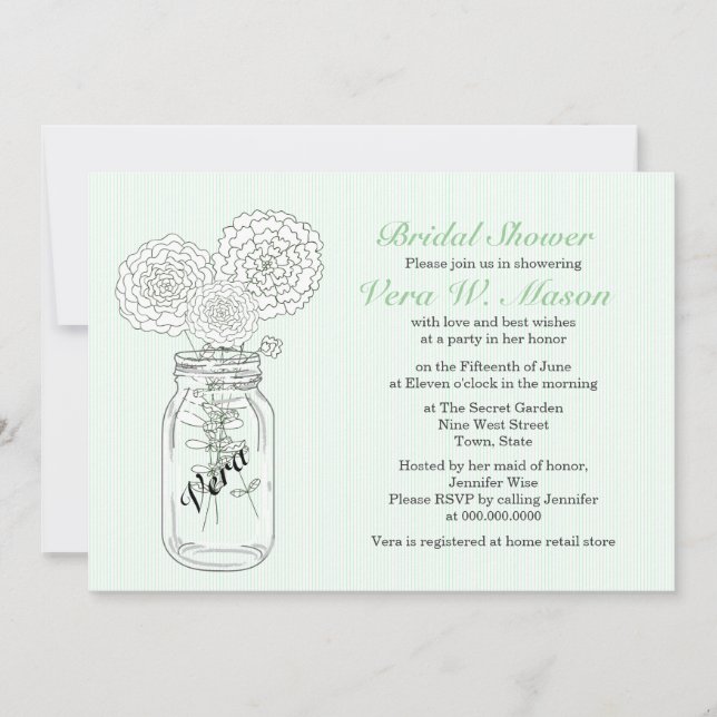 Mint Green Mason Jar Vintage Bridal Shower Invites (Front)