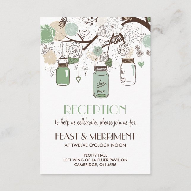 Mint Green Mason Jars Wedding Reception Card (Front)