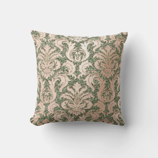 Mint Green Metal Damask Rose Pink Blush Glitter Cushion (Front)