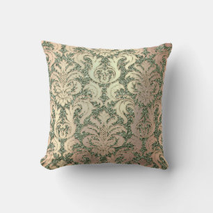 Mint Green Metal Damask Rose Salmon Pearl Glitter Cushion