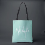 Mint Green Modern Script Personalised Bridesmaids Tote Bag<br><div class="desc">Add a personal touch to your wedding with personalised bridesmaids gift tote bag. This tote bag features personalised bridesmaid's name in white modern script font style and monogram in light green modern script font style as background with title and wedding date in white modern sans serif font style on mint...</div>
