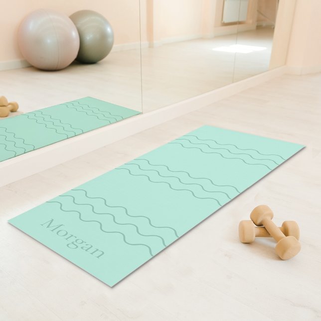 Mint Green Modern Wavy Lines With Custom Name Yoga Mat (Disclaimer: This image is a digital mockup.)
