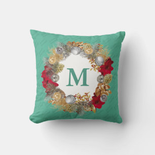 Mint Green MONOGRAM Christmas Wreath Cushion