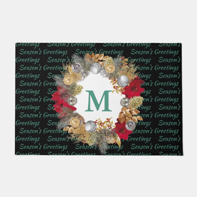 Mint Green MONOGRAM Decorative Christmas Wreath Doormat (Front)