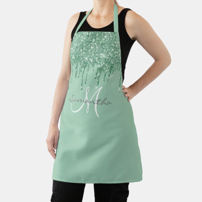 Mint Green Monogram Glitter Drips Metallic Apron (Insitu)