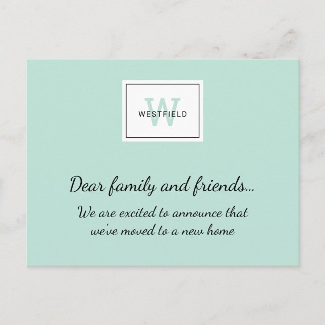  Mint Green Monogram Logo New Home Moving Announcement Postcard (Front)