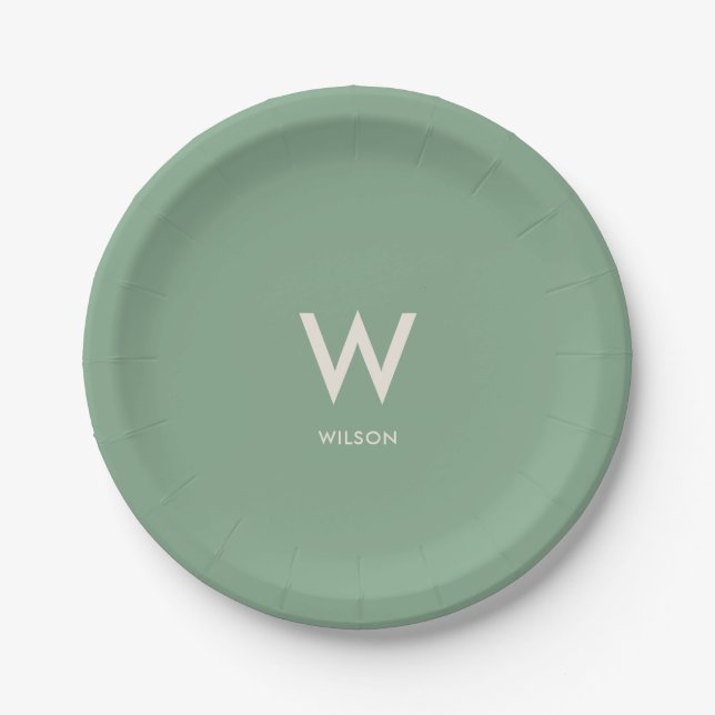 Mint Green Monogram Personal Party Paper Plate (Front)