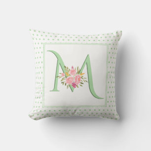 Mint green monogram, roses and polka dots cushion