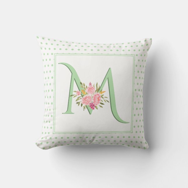 Mint green monogram, roses and polka dots cushion (Front)