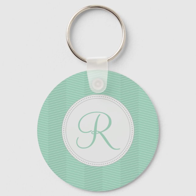 Mint Green Monogram Thin Chevron Pattern Key Ring (Front)