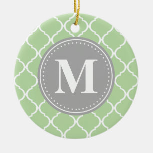 Mint Green Moroccan Lattice Grey Monogram Ceramic Tree Decoration