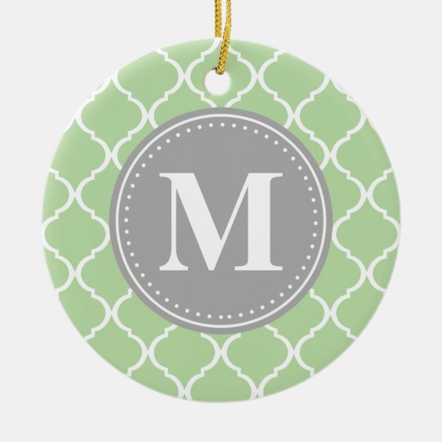 Mint Green Moroccan Lattice Grey Monogram Ceramic Tree Decoration (Front)