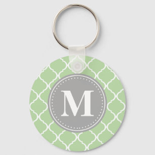 Mint Green Moroccan Lattice Grey Monogram Key Ring