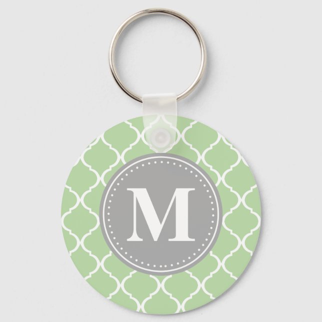 Mint Green Moroccan Lattice Grey Monogram Key Ring (Front)