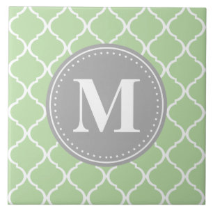 Mint Green Moroccan Lattice Grey Monogram Tile