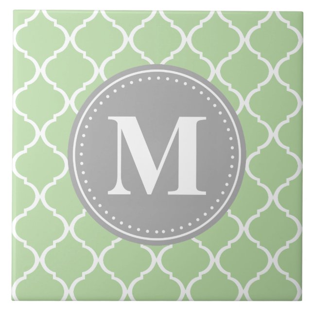 Mint Green Moroccan Lattice Grey Monogram Tile (Front)