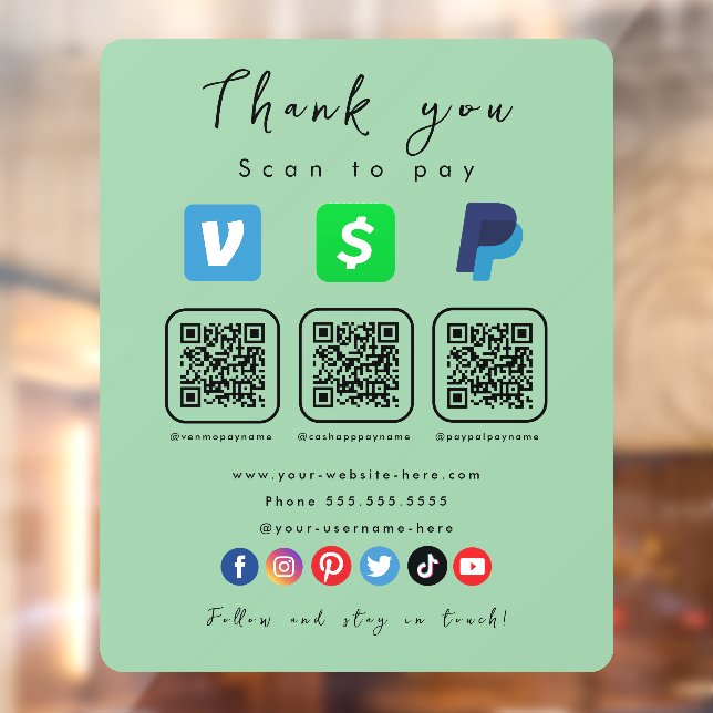 Mint Green Multi QR Code Paypal Venmo Cash App Window Cling (Sheet 2)