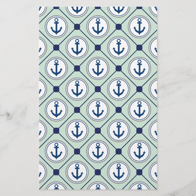 Mint Green Nautical Anchor Pattern Stationery (Front)