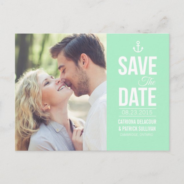 MINT GREEN NAUTICAL PHOTO SAVE THE DATE POSTCARD (Front)