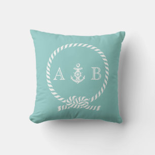Mint Green Nautical Rope and Anchor Monogram Cushion