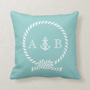 Mint Green Nautical Rope and Anchor Monogram Cushion