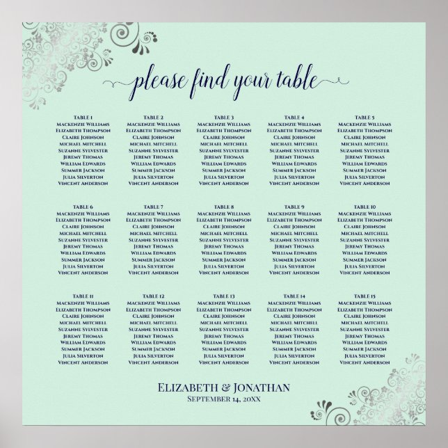 Mint Green & Navy 15 Table Wedding Seating Chart (Front)