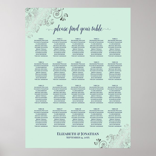 Mint Green & Navy 20 Table Wedding Seating Chart (Front)