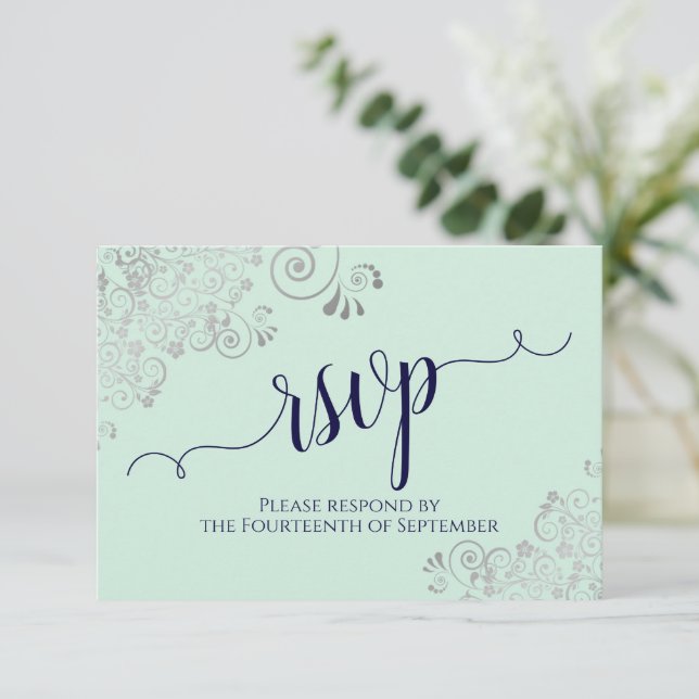 Mint Green & Navy Blue Elegant Calligraphy Wedding RSVP Card (Standing Front)