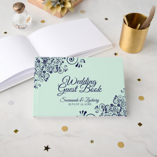 Mint Green & Navy Blue Lace Elegant Wedding Guest Book