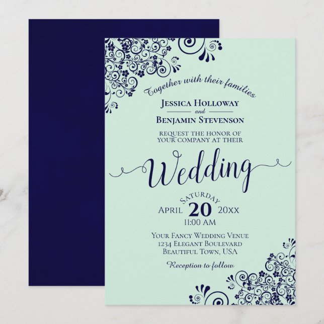 Mint Green & Navy Blue Lace Frils Wedding Invitation (Front/Back)