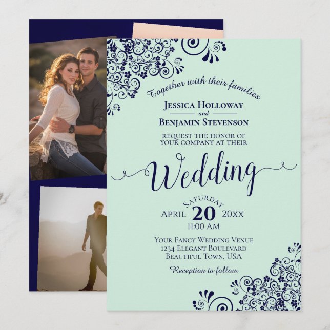Mint Green & Navy Blue Lace Photo Collage Wedding  Invitation (Front/Back)