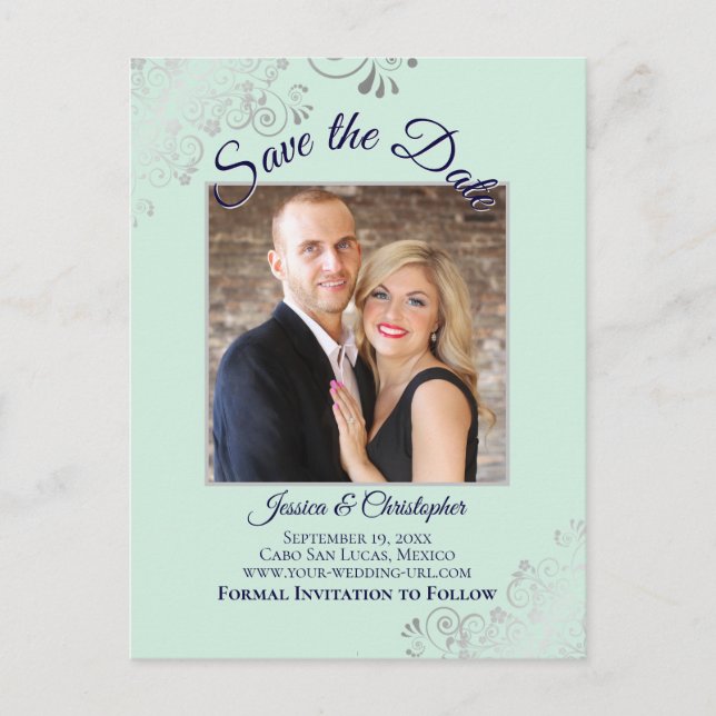 Mint Green & Navy Blue Wedding Save the Date Photo Announcement Postcard (Front)
