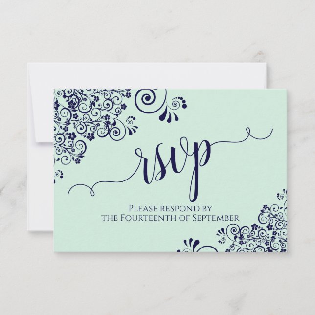 Mint Green & Navy Lace Elegant Calligraphy Wedding RSVP Card (Front)