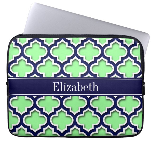 Mint Green, Navy Moroccan #5DS Navy Name Monogram Laptop Sleeve (Front)