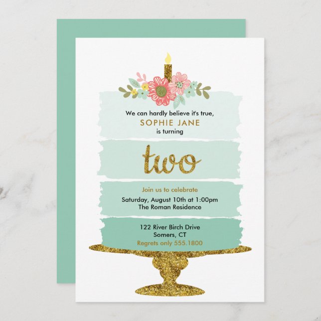 Mint Green Ombre Cake 2nd Birthday Two Invitation (Front/Back)