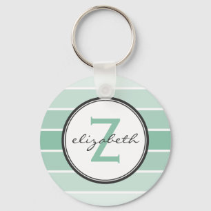 Mint Green Ombre Stripes with Grey Monogram Key Ring