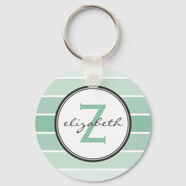 Mint Green Ombre Stripes with Grey Monogram Key Ring (Front)
