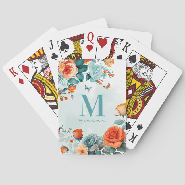 Mint Green Orange Floral Butterflies Monogram Playing Cards (Back)