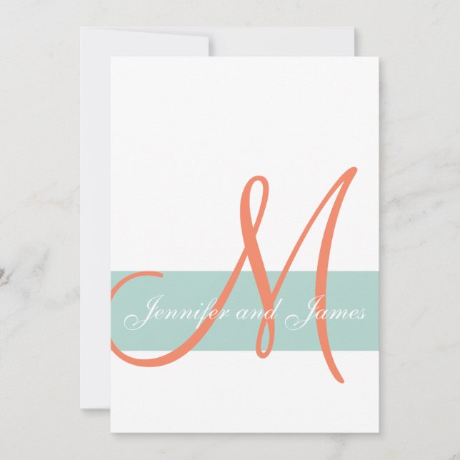 Mint Green Orange Monogram Names Simple Wedding Invitation (Front)