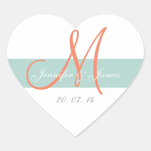 Mint Green Orange Monogram Wedding Favour Sticker (Front)