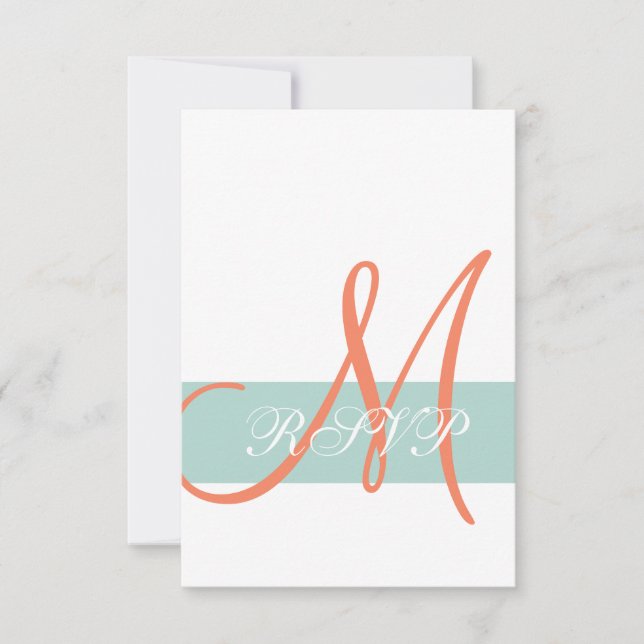 Mint Green Orange Monogram Wedding RSVP Card (Front)