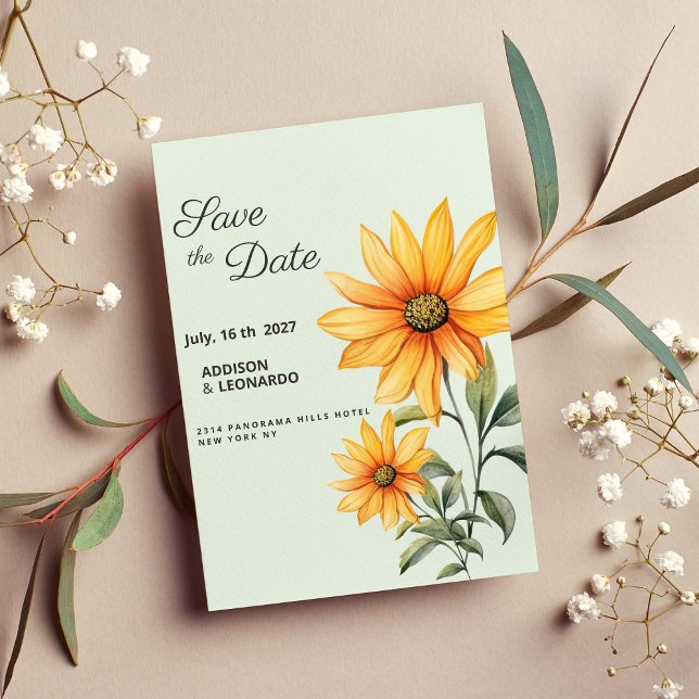 Mint green orange yellow sunflower Save the Date Invitation (Mint green orange yellow sunflower Save the Date)