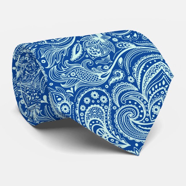 Mint-green paisley blue background tie (Rolled)